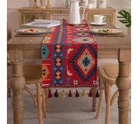 Chemin de table jacquard géométrique Clothfuna, chemin de table vintage bohème, mélange de coton rouge et bleu avec glands pour table de salle à manger, fête, vacances, extérieur, 33x180 cm / 13x72