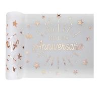Chemin de table joyeux anniversaire blanc et rose gold métallique 30cm x 5m (x1) REF/6646