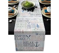 Chemin de table Lake Life en toile de jute antidérapante et résistante à la chaleur - 33 x 177,8 cm - Décoration d'intérieur pour mariage, banquet, fête - Mots colorés de pin - Motif phare et poisson