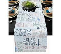 Chemin de table Lake Life en toile de jute antidérapante et résistante à la chaleur - 45,7 x 182,9 cm - Décoration d'intérieur pour mariage, banquet, fête - Mots colorés - Motif : pin et bateau