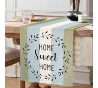 Chemin de Table Lin Decoration Vert Blu Blanc Bande Chemin de Table 40 x 140 cm Moderne Ferme Décor Décoration de Table pour Mariage Été Fall Festival Fête Champetre Restaurant