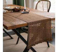 Chemin de table marron pour la maison - 395 cm de long - Tissage de couleur unie avec pompons - Écharpe, napperons brodés - Coton et lin - Pour usage quotidien, cuisine, salle à manger, table de fête