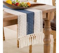 Chemin de Table Moderne Bleu Beige Boho Macramé avec Pompon Rectangle Crochet Dentelle Maille Nappe Lavable Chemin de Table Toile de Jute 30x180cm pour Cuisine Vacances Anniversaire
