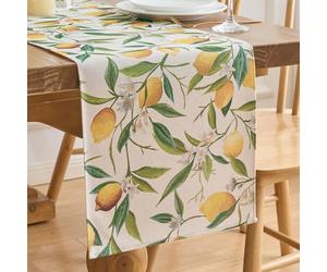 Chemin de table moderne en polyester - 40 x 140 cm - Jaune citron - Lavable - Feuilles vertes - Décoration d'été pour salle à manger, table à manger, fête