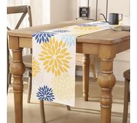 Chemin de Table Moderne Moutarde Jaune Bleu Marine Floral Dahlia Chemin de Table Mariage Lin Automne Cuisine Décoration Nappe pour Salle à Manger Intérieur Vacances Fête Décor 33x183 cm