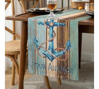 Chemin de Table Moderne Océan Ancre Salon Printemps Vert Bleu Gris Bleu Vert Planches Grange Chemin de Table Lin pour Table à Manger Fête Mariage Cuisine Table Décoration 33 x 183 cm