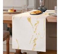 Chemin de Table Moderne Salon Chemin de Table Marbre Beige et Doré Tissu Rectangulaire Lin Printemps Eté Décoratif Cuisine Table Support TV Commode Décoration Vacances Fête Décor 40x140 cm