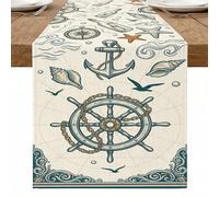 Chemin de table nautique vintage avec ancres et coquilles de roue, décoration de plage côtière, chemin de table pour la maison, les réunions de famille, les fêtes d'été, 33 x 183 cm