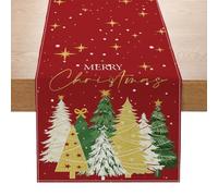 Chemin De Table Noel en Lin Rouge 230 x 33cm, Decoration Noel Table, Long Chemin De Table Noel Rouge avec Arbre de Noël Élégant et Étoile, pour Deco De Table Noel, Salle à Manger, Maison