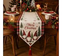 Chemin de Table Noël Lin 33x183 cm - Lutins & Sapins | Lavable Chemin de Table de Noël, Nappe de table Noël en lin avec franges, lutins et sapins, Hiver Cuisine Decoration De NoëL