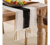 Chemin de Table Noir Bohème Rustique en Macramé avec Pompons à la Main Hiver Style Maison de Campagne Chemin de Table Moderne Lavable pour Cuisine Fête Mariage Banquet 30x140cm