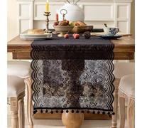 Chemin de table noir de 210 cm de long - Dentelle ondulée avec boules de velours, écharpe, napperons brodés en jacquard polyester pour un usage quotidien, cuisine, salle à manger, table de fête, 45,7