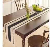 Chemin de table noir pour la maison - 356 cm de long - Tissé avec motif à rayures et pompons - Napperons brodés en jacquard polyester et coton pour un usage quotidien, cuisine, salle à manger, table