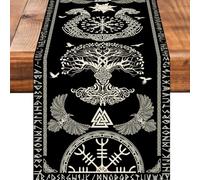 Chemin de table noir viking motif arbre sacré celtique corbeau casque de Awe saisonnier printemps automne cuisine salle à manger lin décoration de table pour intérieur extérieur maison fête dîner 33 x