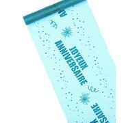 Chemin de table organza joyeux anniversaire turquoise 29 cm x 5 m à paillettes