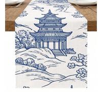 Chemin de table pagode bleu, design artistique traditionnel pour salle à manger élégante, décoration d'intérieur, réunions de vacances 33 x 228,6 cm