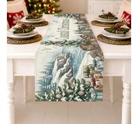 Chemin de table paysage d'hiver de Noël côtier 33 x 228,6 cm | Thème hivernal côtier, chemin de cheminée, illustration de falaises enneigées, pins imprimés, boîtes cadeaux décoratives