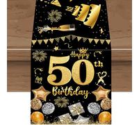 Chemin de Table pour 50e Anniversaire Noir Or,Décoration d'anniversaire Doré Lavable pour Homme Femme Happy Birthday Décoration de Table pour la Maison,la Cuisine,la Fête,l'extérieur l'intérieur
