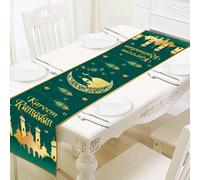 Chemin de Table Ramadan Kareem, Chemin de Table Vert en Lin avec Or étoile Lune Mosquée Imprimé, Happy Eid Mubarak Décorations de Table, Musulman Islamique Iftar Fête Cuisine Salle à Manger Décor
