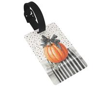 Chemin de table rayé noir et blanc avec citrouille orange, étiquettes de bagages, étiquettes d'identification, étiquettes de valise, idéal pour voyage, croisière, sac à dos