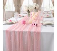 Chemin de Table Rose en Tulle pour Mariage, Cuisine Décoration, 300x80cm | Nappe en Dentelle Perlée, Dentelle Chemin de Table en Tulle avec Perles, Chemin de Table Rose pour Fête & Anniversaire