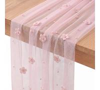 Chemin de Table Rose Poudré 80 × 200 cm Chemin de Table Mariage en Perles Fleuri Pink Gaze Mousseline Table Runner Fête Mariée, d'anniversaire Décorations