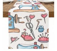 Chemin de table sur le thème de la couture, jolis motifs vintage cœurs et outils pour décoration de maison, salle à manger, parfait pour les réunions innovantes 33 x 274 cm