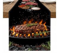 Chemin de table sur le thème du gril, style barbecue rustique avec flammes et herbes pour décoration de salle à manger en plein air d'été 33 x 183 cm