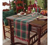 Chemin de table tartan de Noël Clothfuna, Chemin de table à carreaux verts pour table à manger, Nappe gingham de Noël avec pompons rouges en forme de boule pour fête de festival, mariage, décoration