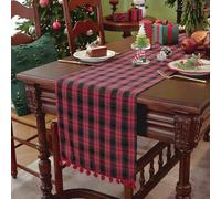 Chemin de table tartan de Noël de Clothfuna, chemin de table à carreaux rouges pour table à manger, tissu de table de Noël avec pompons rouges en forme de boule pour fête de festival, mariage