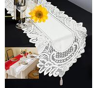 Chemin de Table Tissé Blanc, FainFun Decoration Table Vintage, Rectangulaire Chemin de Table Noël Tissu, pour Decoration Mariage, Baptême, Communion, 33X183CM, Blanc