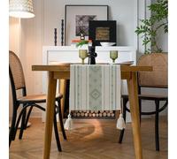 Chemin de table vert clair de 238,6 cm de long - Jacquard avec motif géométrique et pompons - Napperons brodés en jacquard polyester pour un usage quotidien, cuisine, salle à manger, table de fête