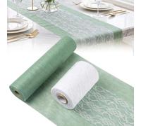 Chemin de Table Vert Eucalyptus 30cmx25m & Ruban Dentelle Blanc 15cmx25m | 2 Rouleaux Décoration de Table en Non-tissé pour Mariage, Baptêmes, Communions, Découpable et Résistant aux Déchirures
