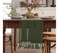 Chemin de table vert pour la maison - 238 cm de long - Couleur unie - Tissé avec motif géométrique et pompons - Napperons brodés en jacquard polyester et coton pour un usage quotidien - Cuisine et