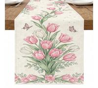 Chemin de table vintage floral, tulipes pêche et papillon, décoration de cuisine, salle à manger, décoration pour la maison, les dîners de famille, les vacances, les fêtes, 33 x 228,6 cm