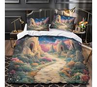 Chemin du château fantastique 3D Imprimé Drap de couette 3 pièces Microfibre hypoallergénique paysage fantastique magique Housse de couette 2 taies éclair caché famille invités Double（200x200cm）