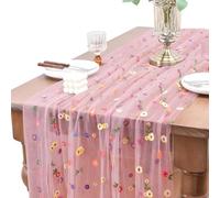 Chemin Table Brodé de Marguerites, 72 x 300cm Chemin de Table Fleuri Tulle, Exquis Tables Runner à Marguerites Printanier pour Fêtes, Mariages, Banquets, Idées de Bricolage (Rose)