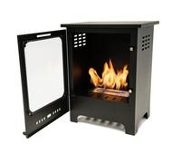 Cheminée bioéthanol sur pied style néo-rétro poêle, porte ouvrante, avec vitre
