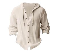 Chemise à capuche en lin pour homme - Chemise à capuche à manches longues avec cordon de serrage - Chemise de vacances à coupe décontractée - Chemisier boutonné décontracté - Chemise d'été à capuche
