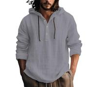 Chemise à capuche en lin pour homme - Sweat à capuche léger avec patte de boutonnage, t-shirt à manches longues, chemise de plage décontractée, coupe ample, unie, respirante, avec cordon de serrage