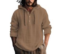 Chemise à capuche en lin pour homme - Sweat à capuche léger avec patte de boutonnage, t-shirt à manches longues, chemise de plage décontractée, coupe ample, unie, respirante, avec cordon de serrage