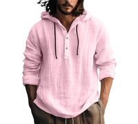 Chemise à capuche en lin pour homme - Sweat à capuche léger avec patte de boutonnage, t-shirt à manches longues, chemise de plage décontractée, coupe ample, unie, respirante, avec cordon de serrage