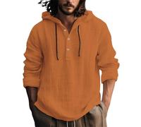 Chemise à capuche en lin pour homme - Sweat à capuche léger avec patte de boutonnage, t-shirt à manches longues, chemise de plage décontractée, coupe ample, unie, respirante, avec cordon de serrage