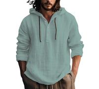 Chemise à capuche en lin pour homme - Sweat à capuche léger avec patte de boutonnage, t-shirt à manches longues, chemise de plage décontractée, coupe ample, unie, respirante, avec cordon de serrage