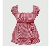 Chemise à carreaux à col carré de style innocent et mignon avec décoration de nœud pour adolescente L,M,S,XSTissu tissé