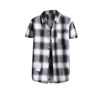 Chemise à carreaux à manches courtes pour homme, coupe classique, tissu en flanelle occidentale, boutonnée à revers décontracté, design ample léger, convient comme chemisier de travail, 1B - Noir, 3XL