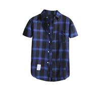 Chemise à carreaux à manches courtes pour homme, coupe classique, tissu en flanelle occidentale, boutonnée à revers décontracté, design ample léger, convient comme chemisier de travail, 1C-Bleu, 3XL