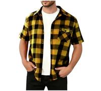 Chemise à carreaux boutonnée avec poche pour homme - Chemisier à manches courtes - Ourlet ample - Léger et fin, jaune, XL