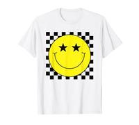 Chemise à carreaux des années 80 avec visage souriant jaune et yeux étoilés T-Shirt