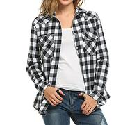 Chemise à carreaux en flanelle pour femme - Grande taille - Coton - Manches longues - Tartan élégant et décontracté - Chemises de travail à carreaux, blanc, XL